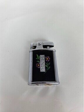 Ronson Varaflame Lighter Black Floral Enamel Inlay Japan Butane Refillable